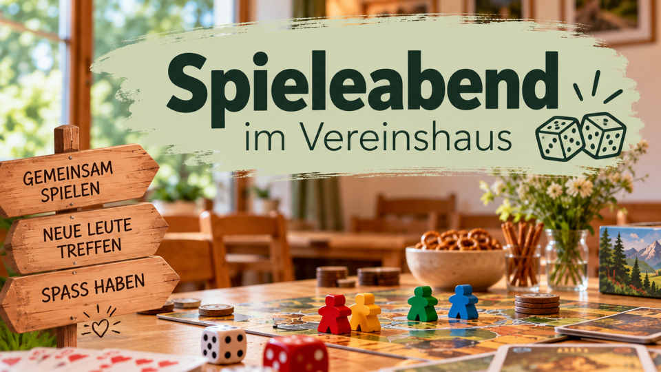 Gemütlicher Spieleabend im Vereinshaus. Auf einem Holztisch liegen Brettspiele, bunte Spielfiguren, Würfel und Spielkarten. Im Hintergrund ist ein einladender Gemeinschaftsraum zu sehen. Die Überschrift lautet „Spieleabend im Vereinshaus“. Auf drei Holzschildern stehen die Texte „Gemeinsam spielen“, „Neue Leute treffen“ und „Spaß haben“